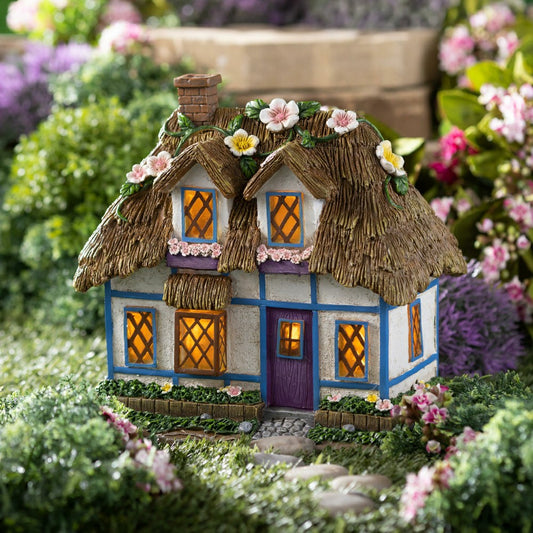 Plow & Hearth Miniature Floral Fairy Garden Solar Cottage