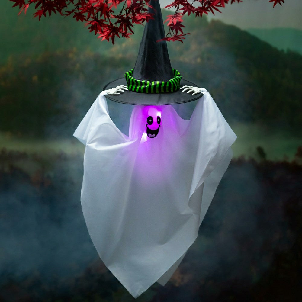 Plow & Hearth Animated Witch Hat Ghost with Color-Changing LED Lights and Sound Hang