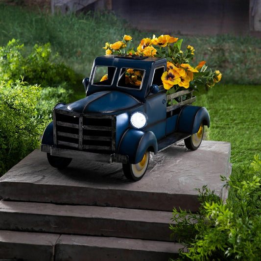 Plow & Hearth Blue Vintage Style Pickup Truck Garden Accent With Solar Headlights