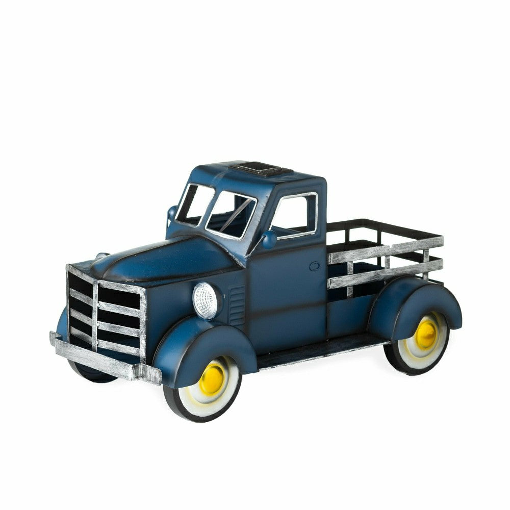 Plow & Hearth Blue Vintage Style Pickup Truck Garden Accent With Solar Headlights