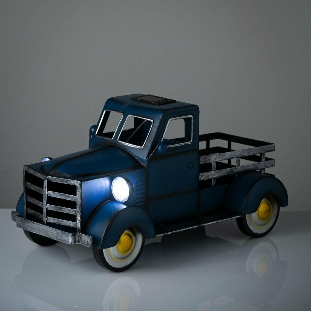Plow & Hearth Blue Vintage Style Pickup Truck Garden Accent With Solar Headlights
