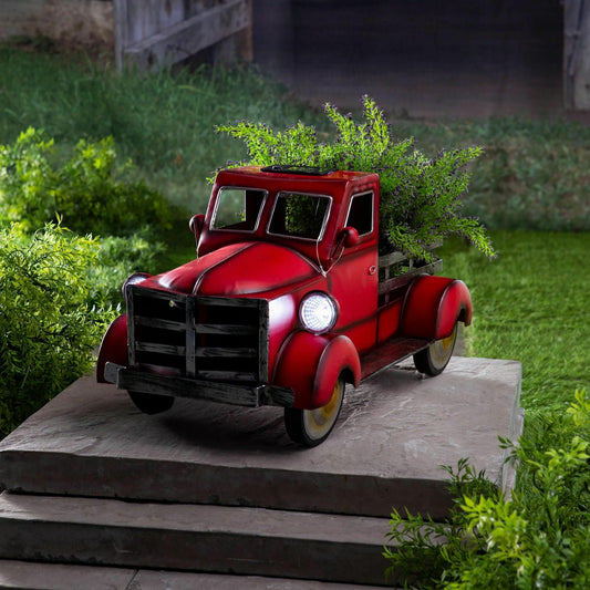Plow & Hearth Red Vintage Style Pickup Truck Garden Accent With Solar Headlights