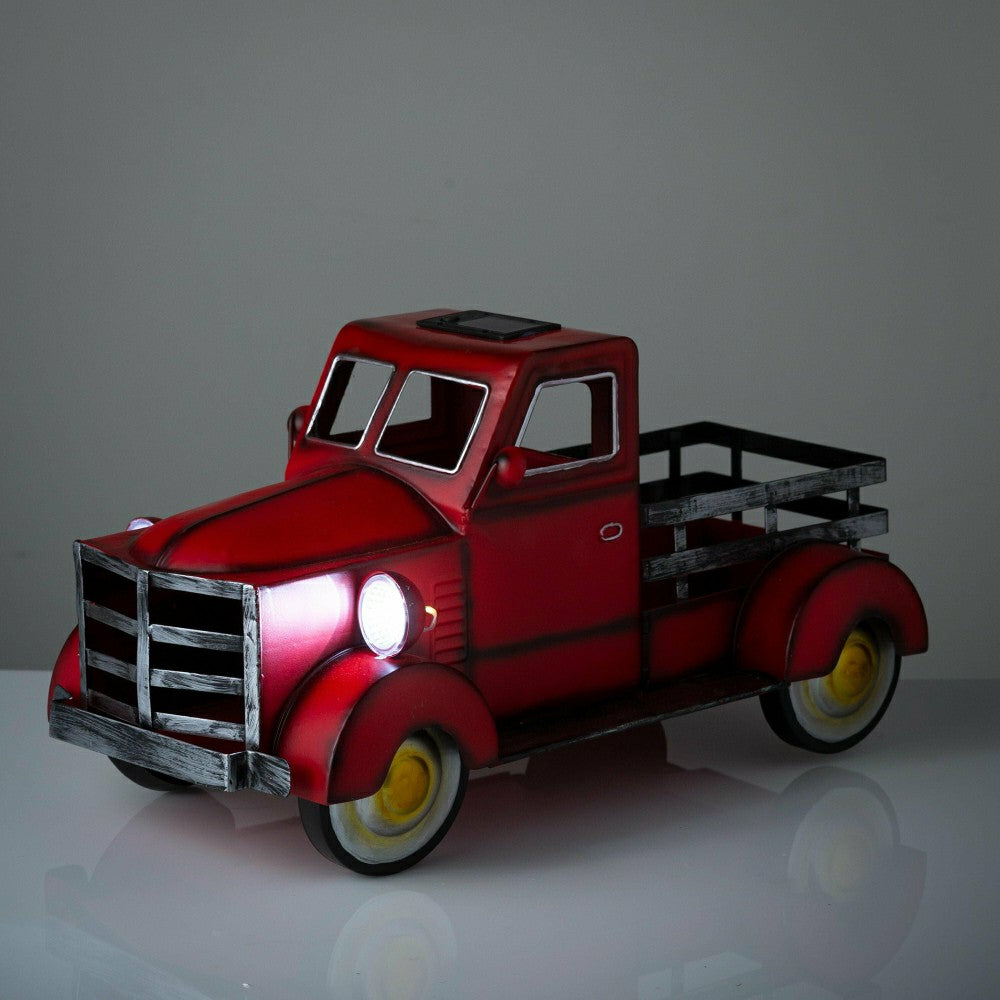 Plow & Hearth Red Vintage Style Pickup Truck Garden Accent With Solar Headlights