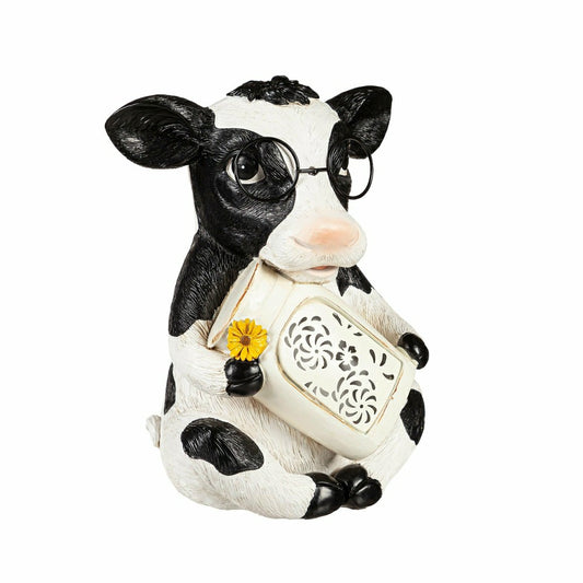 Plow & Hearth Cow with Glasses Solar Garden Statue, 8"H