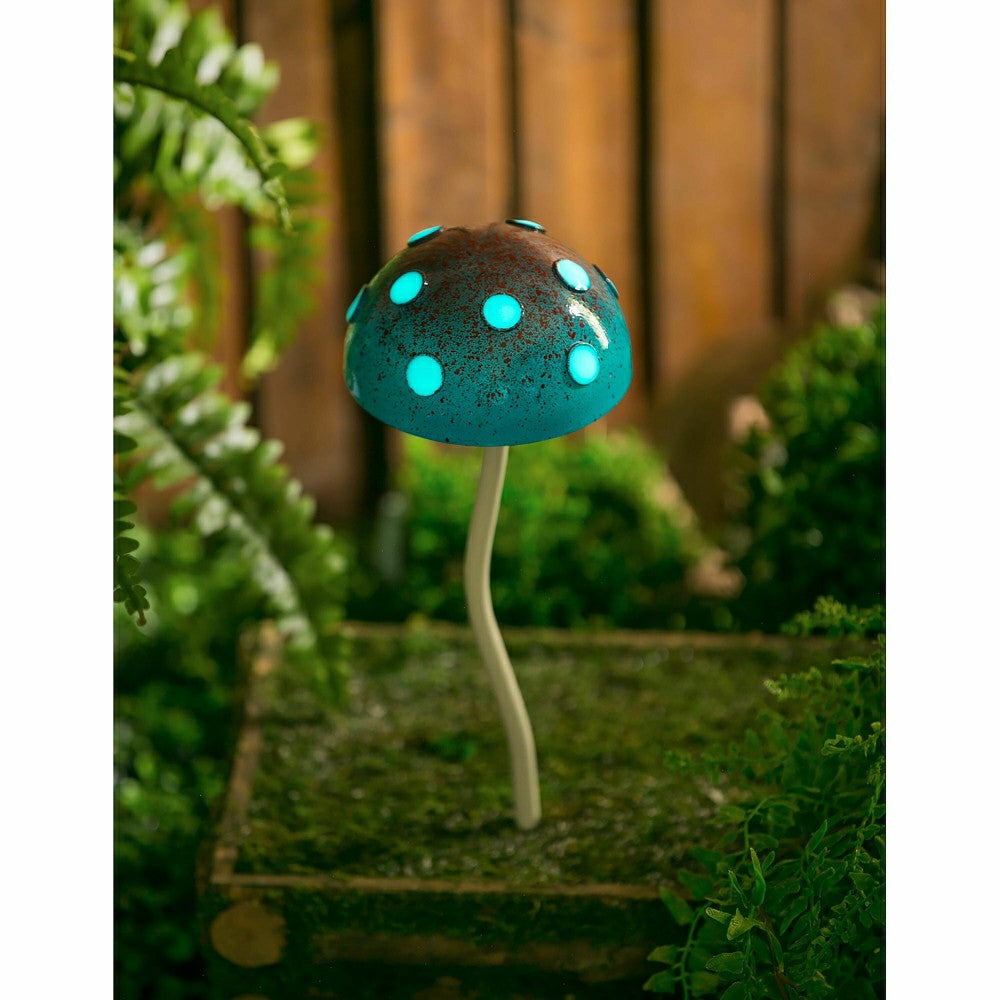 Plow & Hearth 12.5"H Glow in the Dark Mushroom Plant Pick, Blue