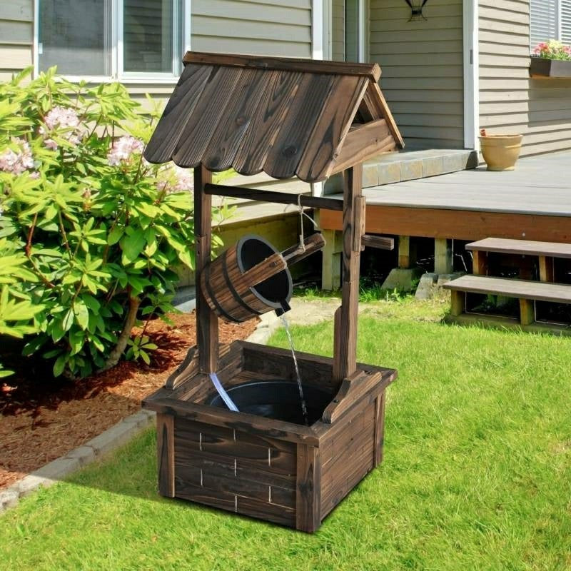 Plow & Hearth Outdoor Garden Solid Wood Wishing Well Water Fountain with Bucket and