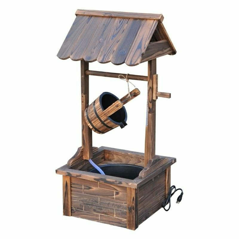 Plow & Hearth Outdoor Garden Solid Wood Wishing Well Water Fountain with Bucket and