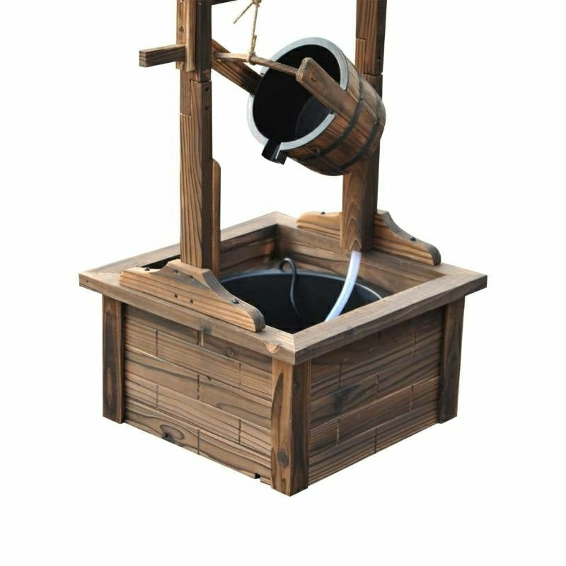 Plow & Hearth Outdoor Garden Solid Wood Wishing Well Water Fountain with Bucket and