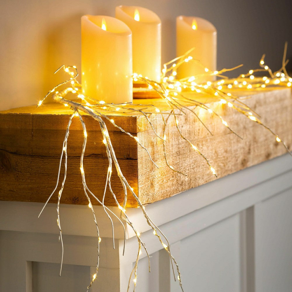Plow & Hearth Indoor/Outdoor Birch Garland with 165 Micro LED Lights, 5'L