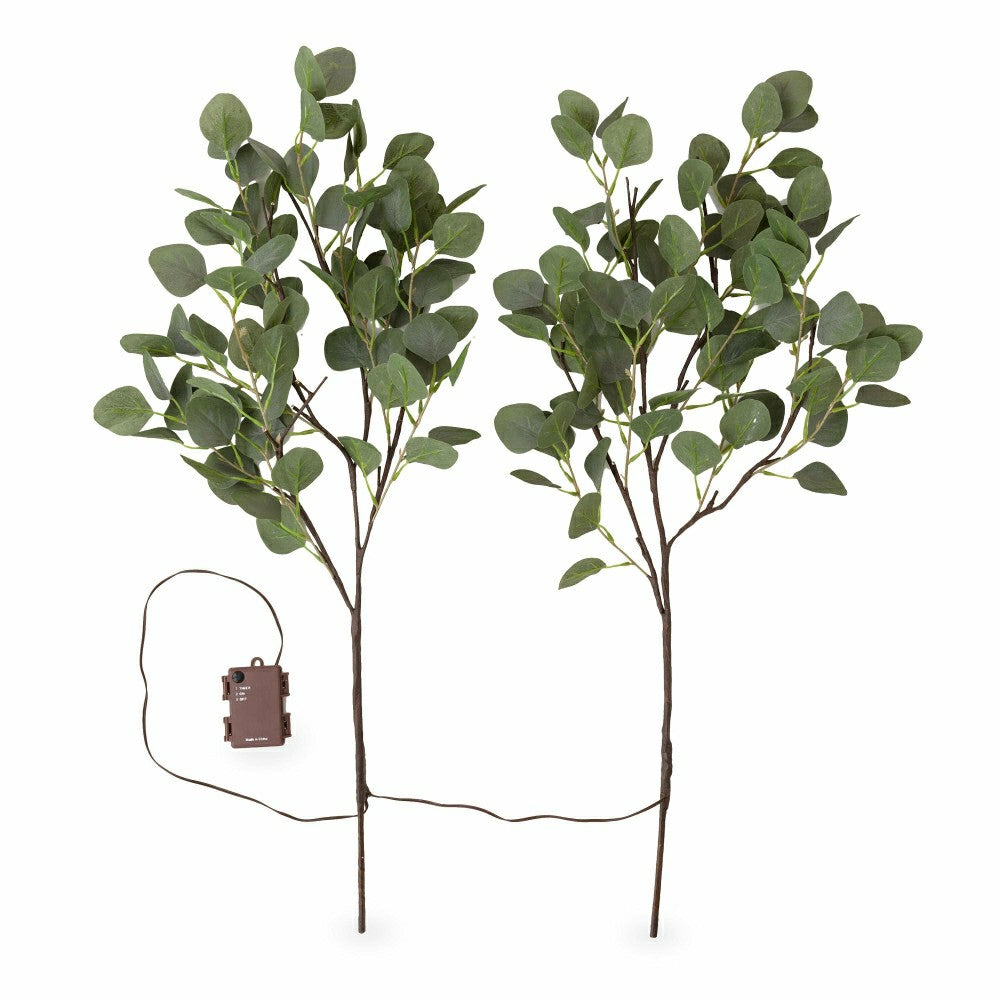 Plow & Hearth Indoor/Outdoor Battery-Operated Lighted Eucalyptus Branches, Set of 2