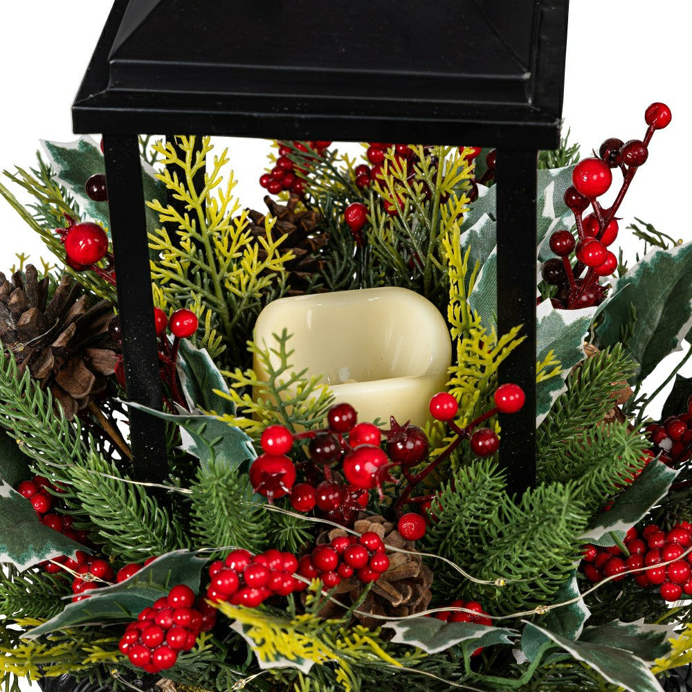Plow & Hearth Woodland Storybook Faux Floral Artificial Lantern with Holly Berry, 27"H