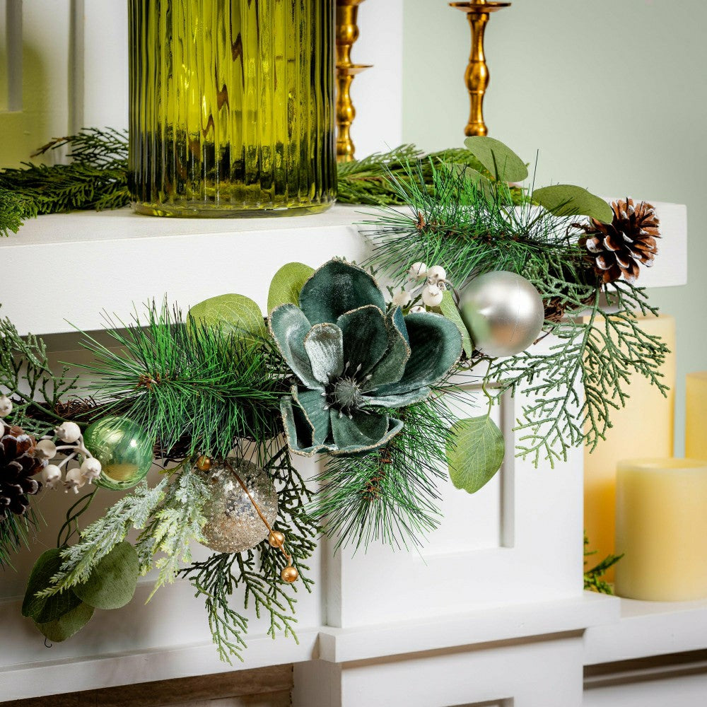 Plow & Hearth Shades of Emerald Garland Artificial with Ornaments, 72"H