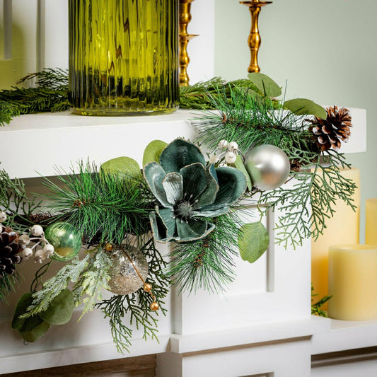 Plow & Hearth Shades of Emerald Garland Artificial with Ornaments, 72"H