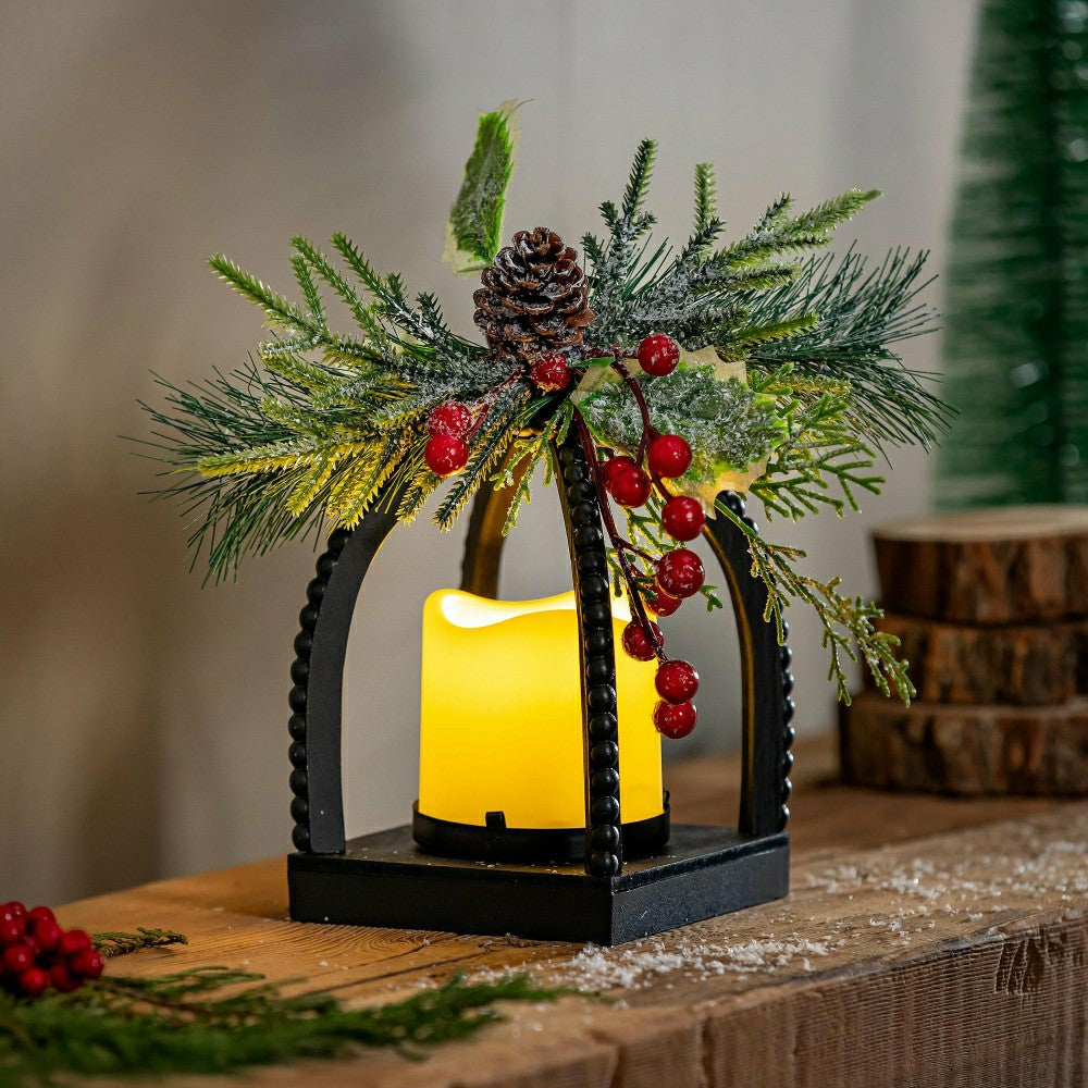 Plow & Hearth Winter Grove Faux Floral Table Decor Artificial with LED Lantern, 10"H