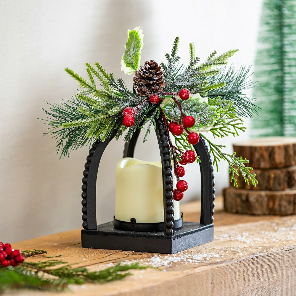 Plow & Hearth Winter Grove Faux Floral Table Decor Artificial with LED Lantern, 10"H