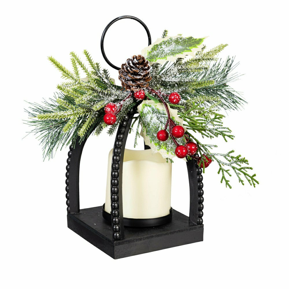 Plow & Hearth Winter Grove Faux Floral Table Decor Artificial with LED Lantern, 10"H
