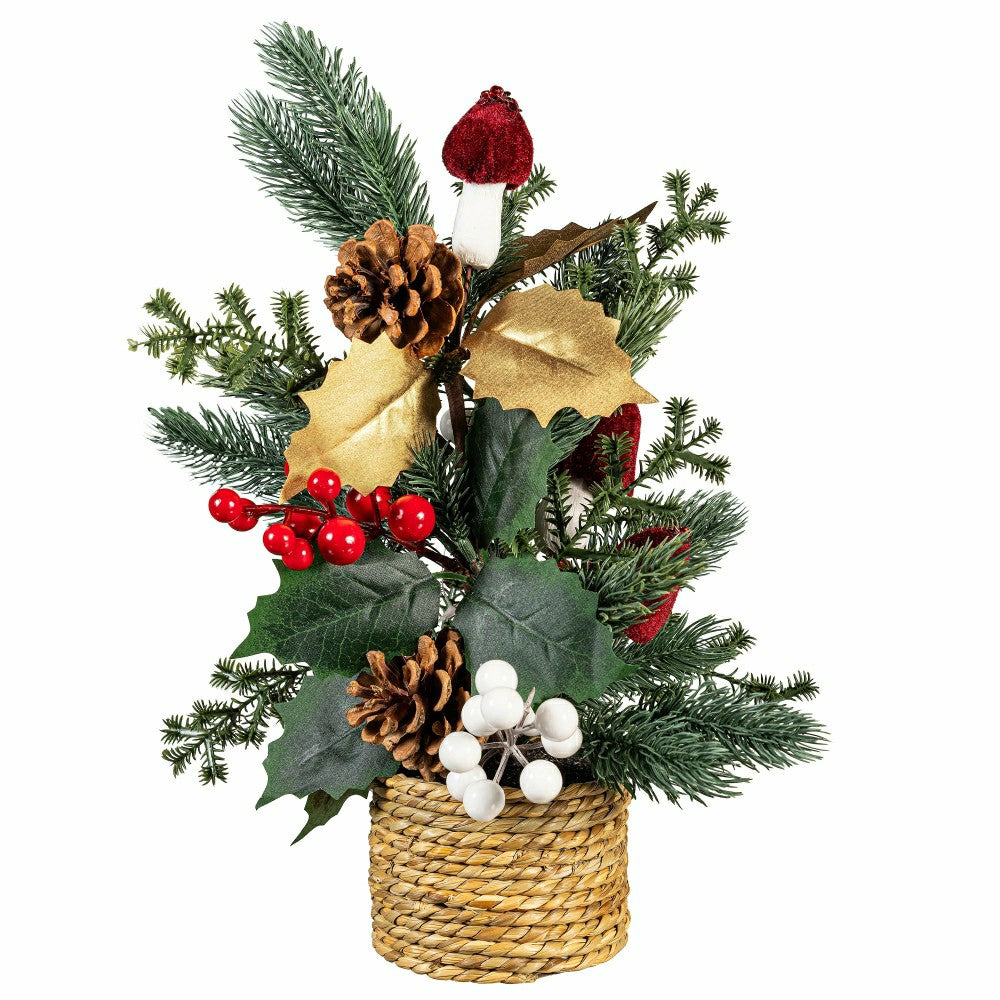 Plow & Hearth Artificial Pine Cone and Berry Pine in Pot Table Decor, 15” H