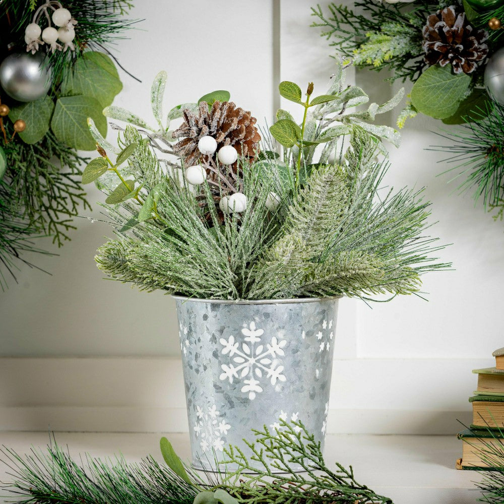 Plow & Hearth Artificial Frosted Pine in a Metal Pot Floral Table Decor, 13" H