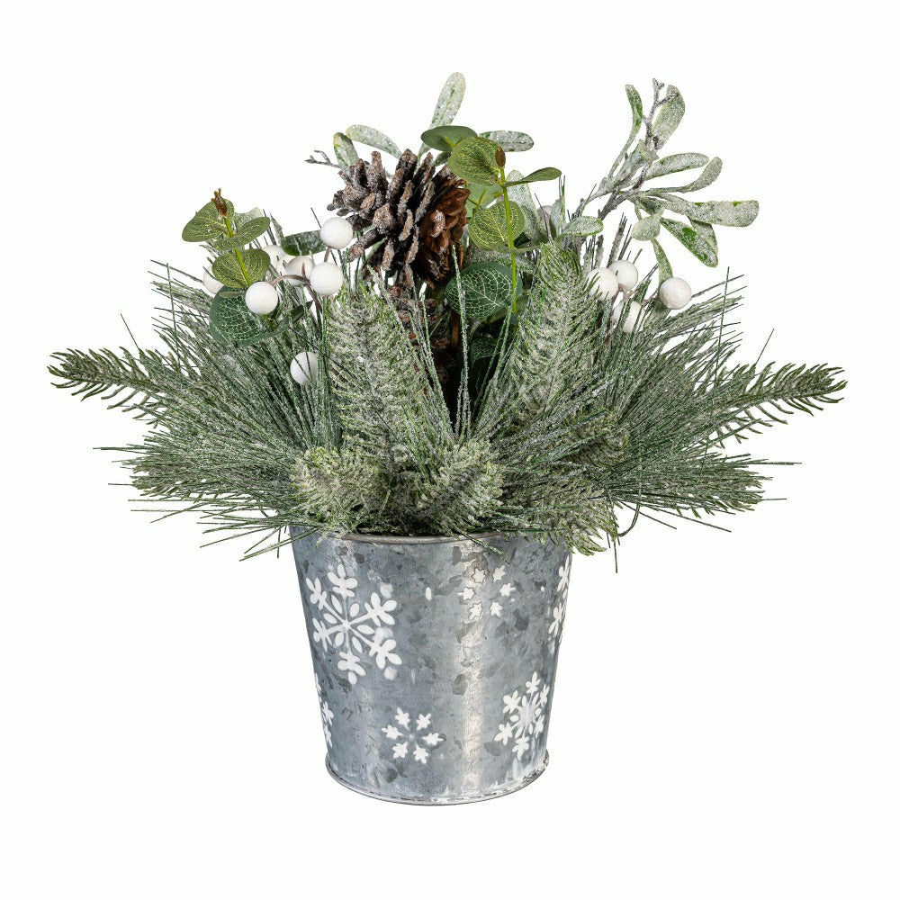 Plow & Hearth Artificial Frosted Pine in a Metal Pot Floral Table Decor, 13" H