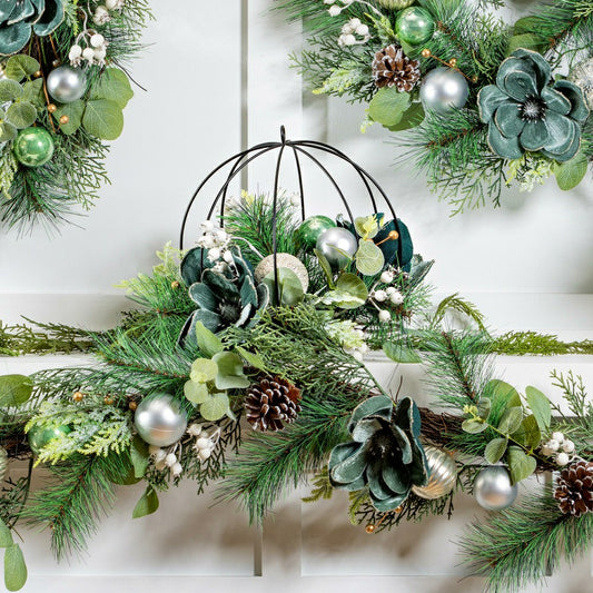 Plow & Hearth Shades of Green Hanging Décor Artificial with Metal Orb and Ornaments,