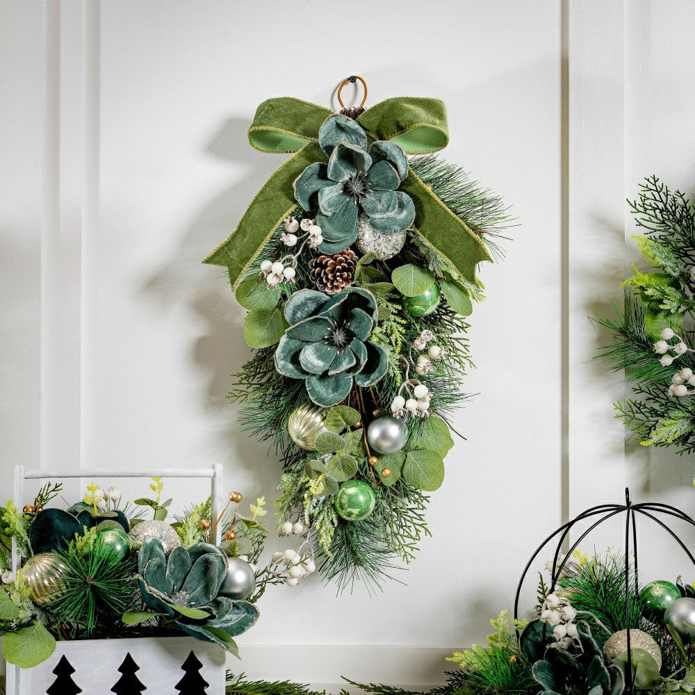 Plow & Hearth Shades of Emerald Swag Artificial with Ornaments, 25"H