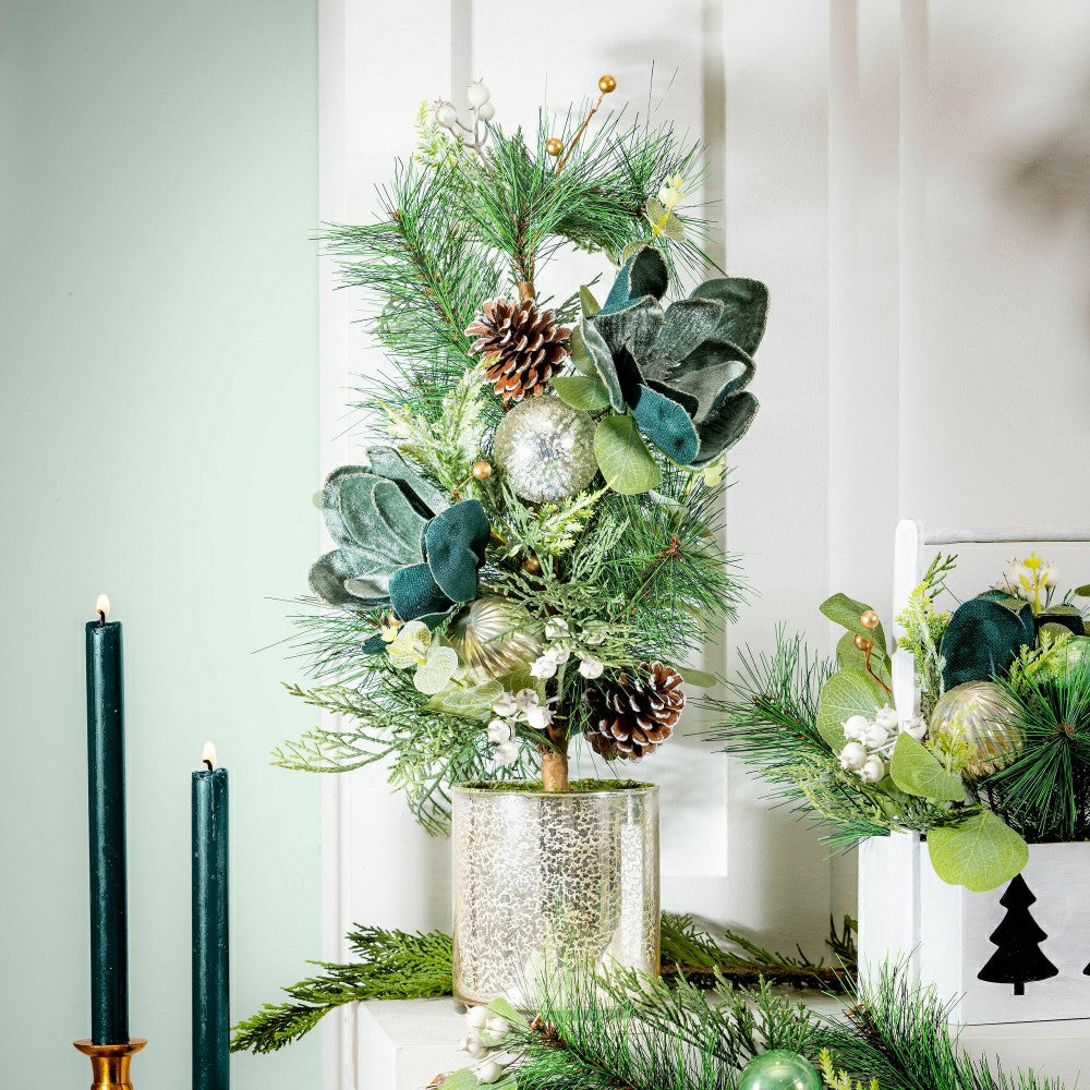 Plow & Hearth Artificial in Pot with Ornaments Floral Tree Table Decor, 24"H