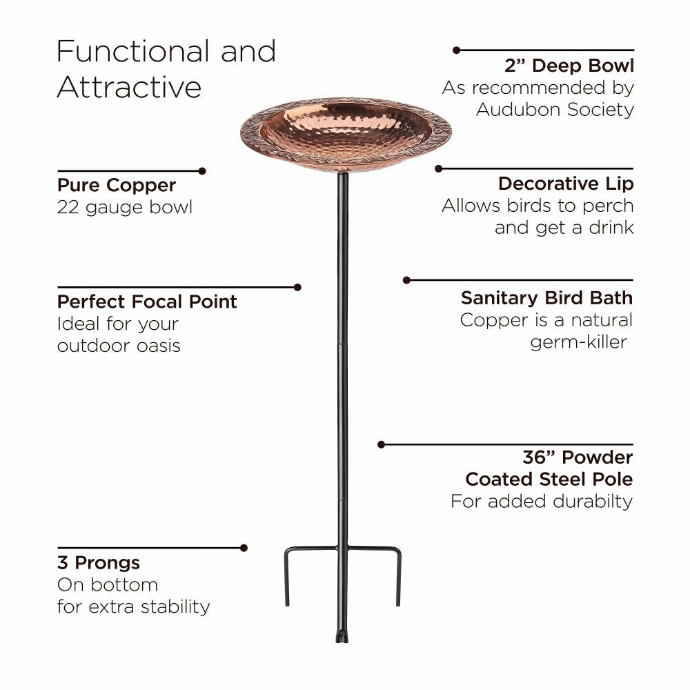 Plow & Hearth Pure Copper Birdbath on Powder-Coated Steel Pole With Sturdy Three-Pro