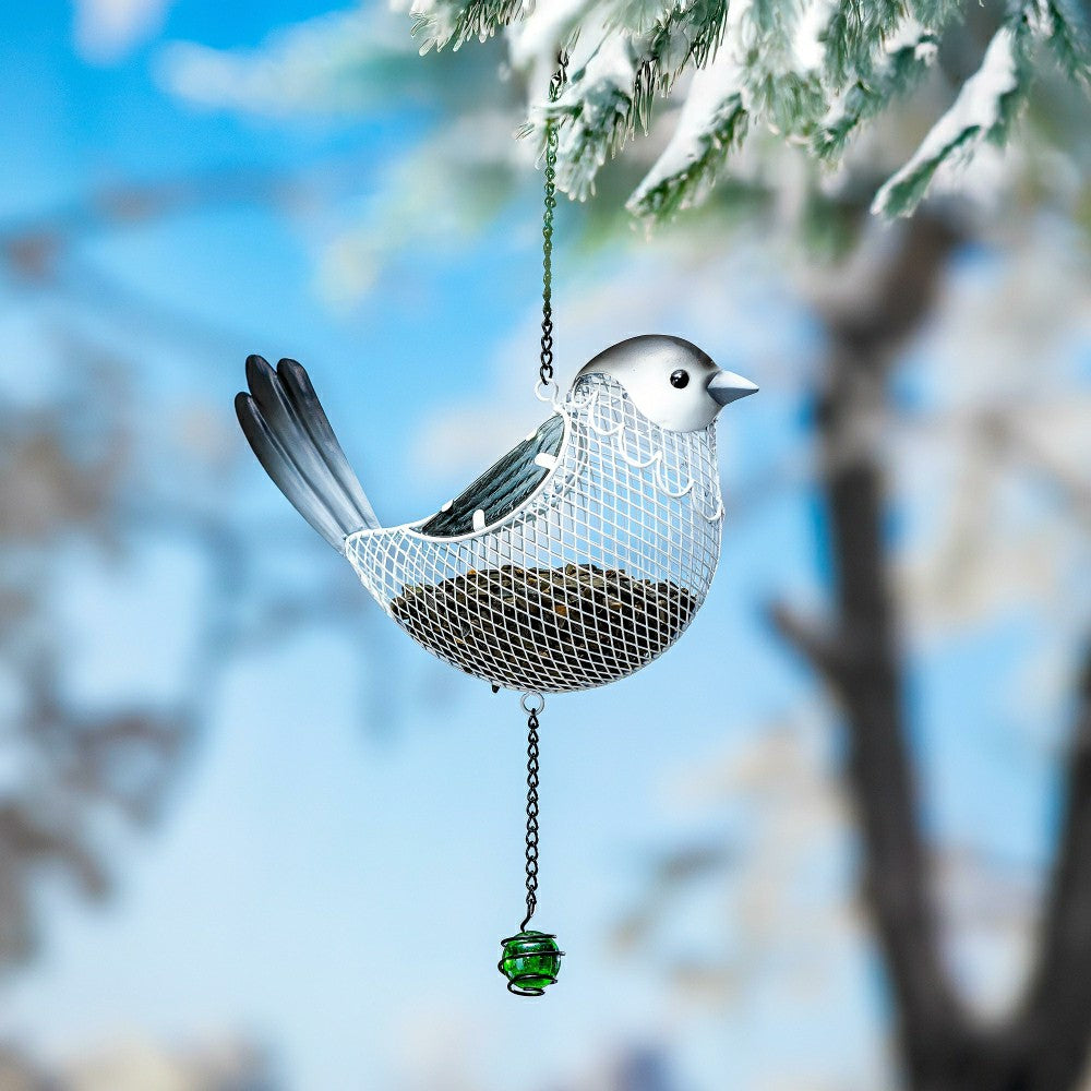 Plow & Hearth Snowbirds Bird Feeder, Metal Hanging Bird Feeder, Snow Bird, 13"H