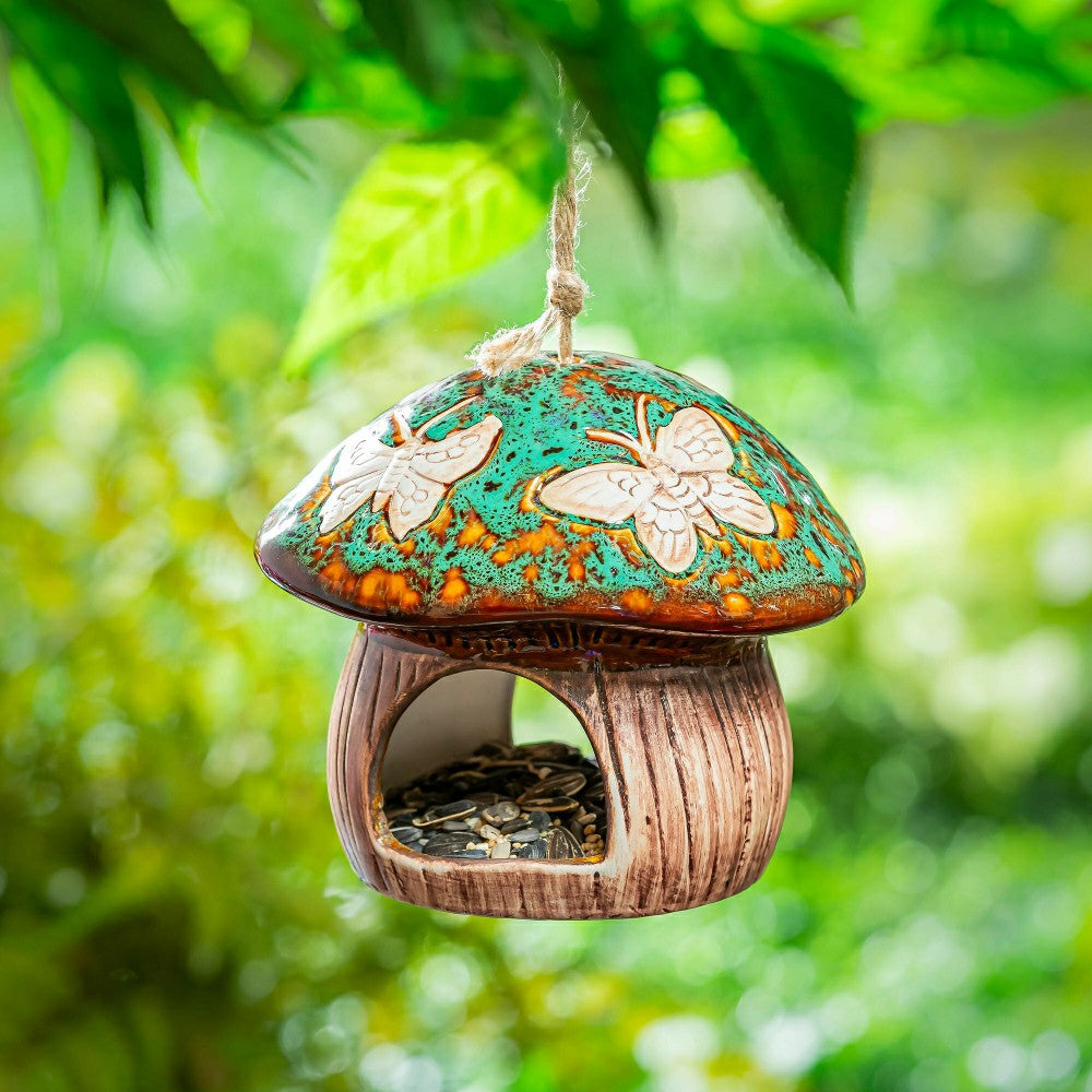 Plow & Hearth Garden of Wonder Bird Feeder, Ceramic Fantasy Green Mushroom