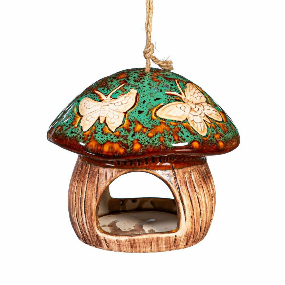 Plow & Hearth Garden of Wonder Bird Feeder, Ceramic Fantasy Green Mushroom