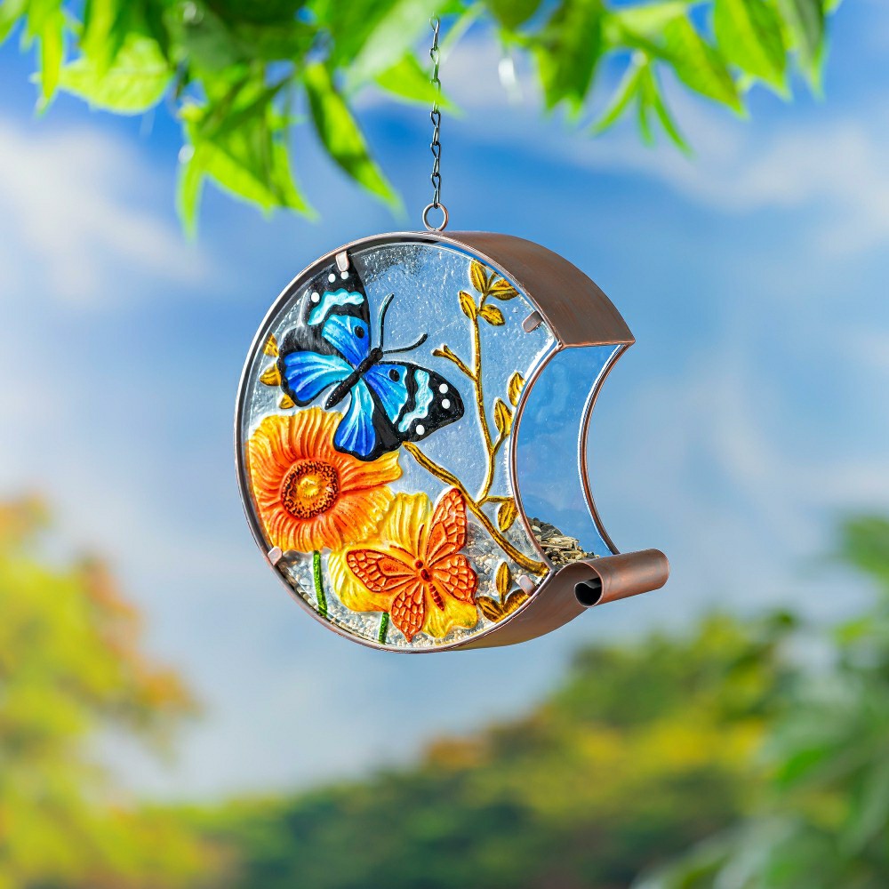 Plow & Hearth Hand Painted Glass Bird Feeder, Butterfly