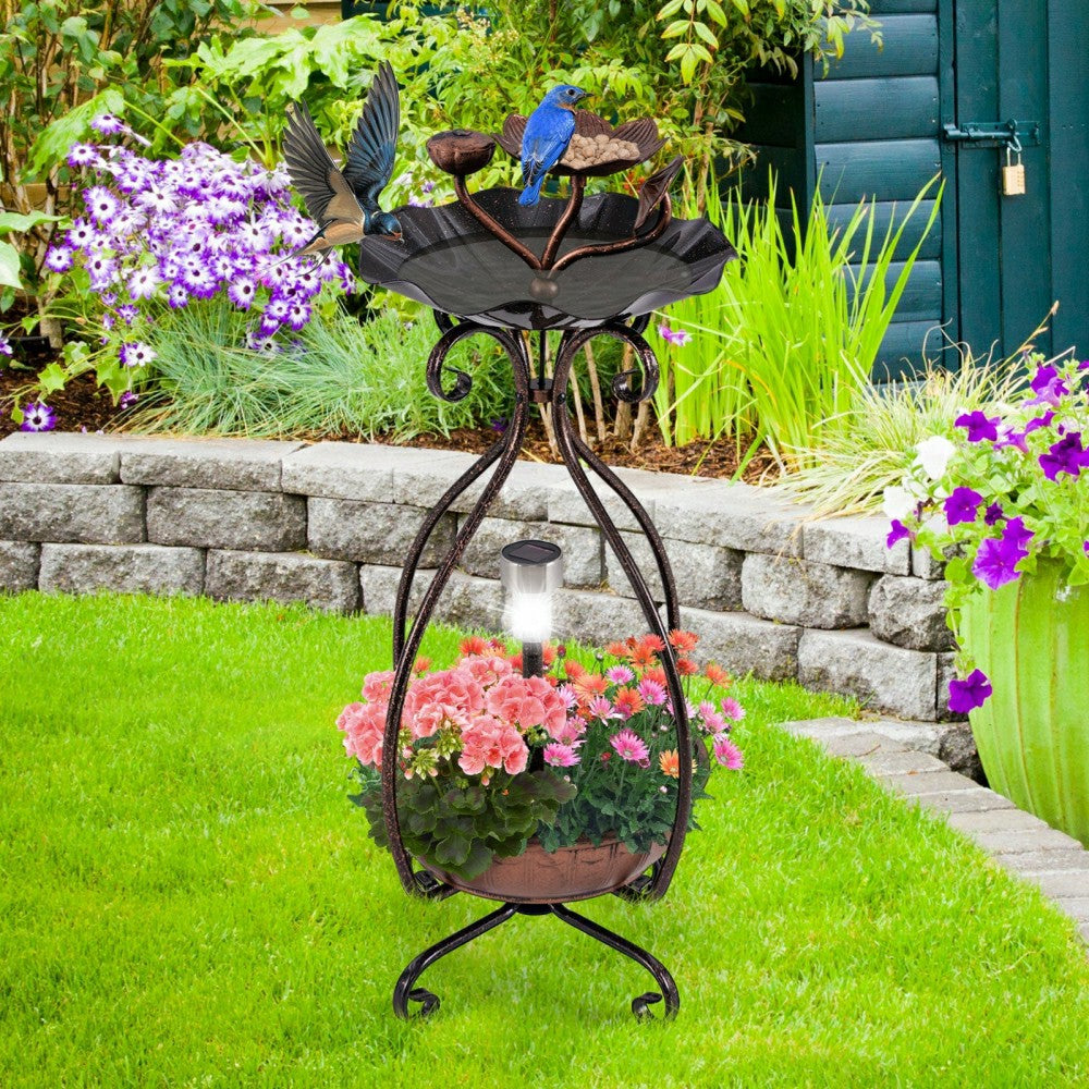 Plow & Hearth Solar Outdoor Bird Bath Feeder/Planter Combo