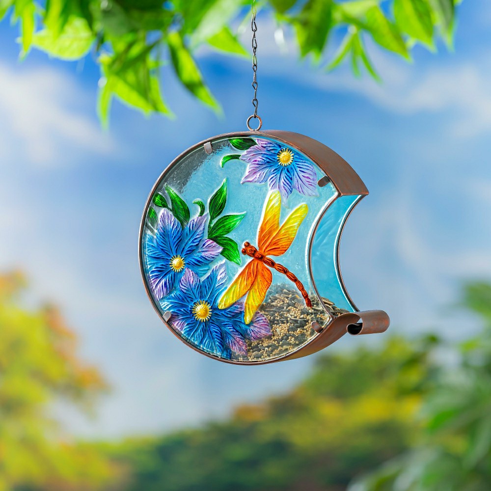 Plow & Hearth Hand Painted Glass Bird Feeder, Dragonfly
