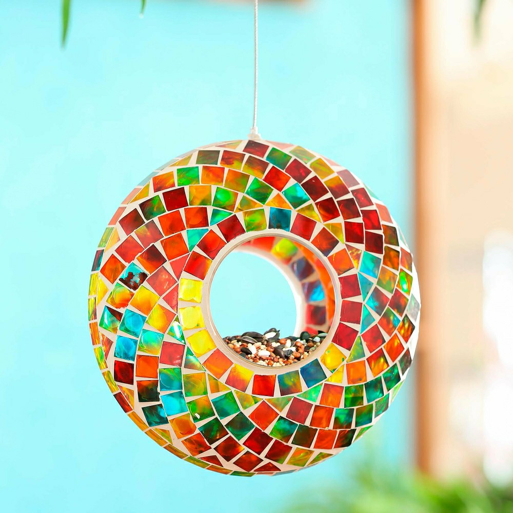 Plow & Hearth Tropical Oasis Bird Feeder, Acrylic Mosaic Glass Rainbow Feeder, 9.25"