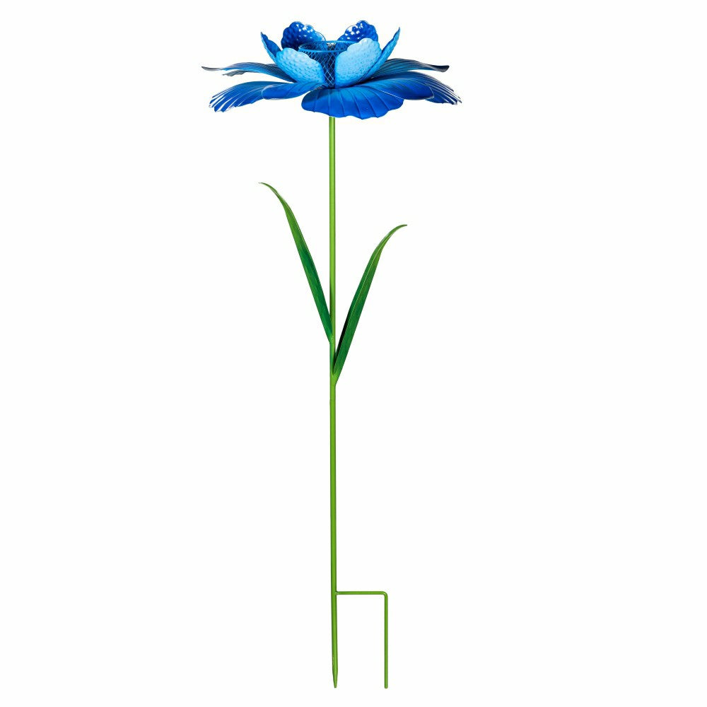 Plow & Hearth Metal Flower Garden Stake with Bird Feed,Blue
