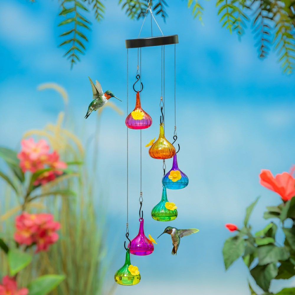 Plow & Hearth Palm Beach Bird Feeder, Glass Ombre Hanging Hummingbird Feeder