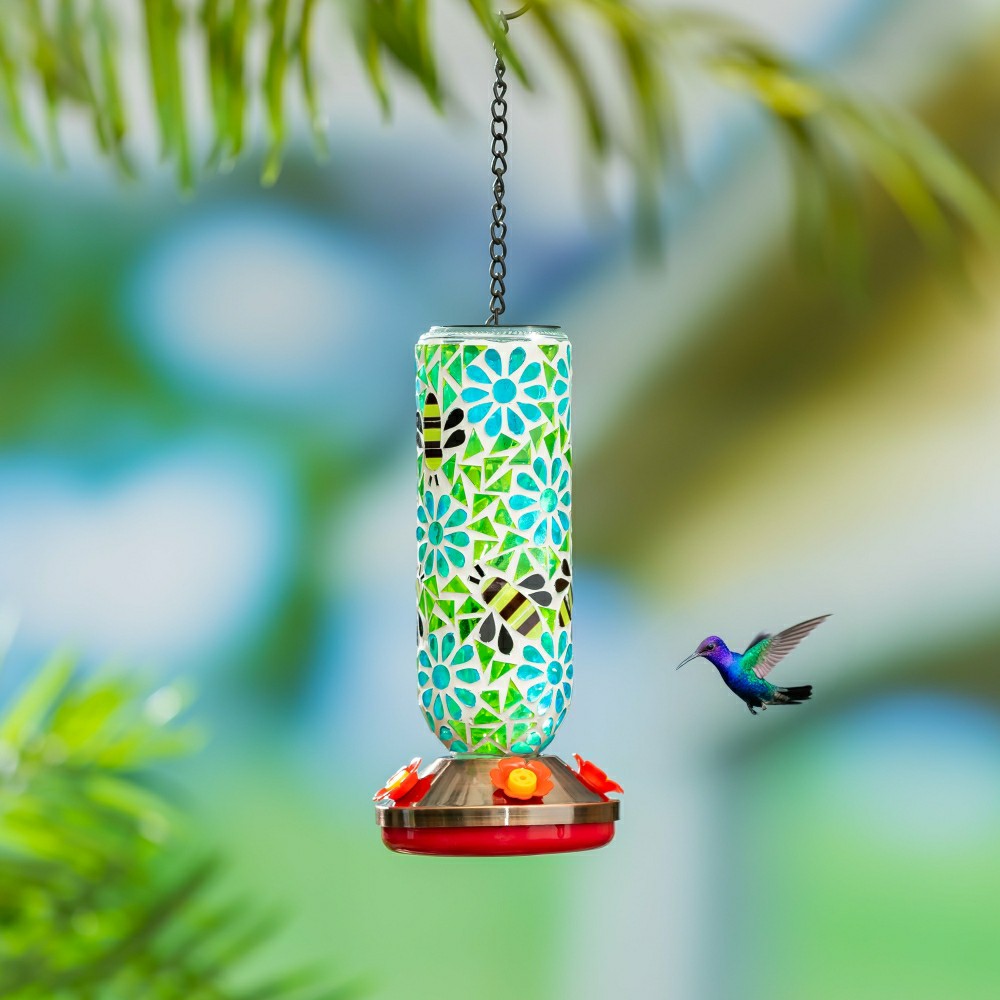 Plow & Hearth Pollinator Garden Bird Feeder, Mosaic Glass Hummingbird Feeder