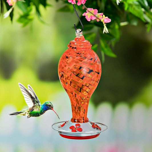 Plow & Hearth Pollinator Garden Bird Feeder, Red Speckled Art Glass Hummingbird Feed
