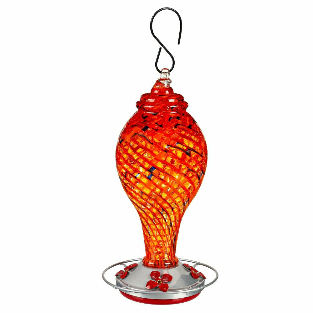 Plow & Hearth Pollinator Garden Bird Feeder, Red Speckled Art Glass Hummingbird Feed