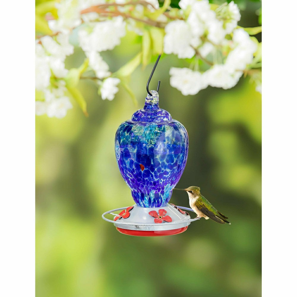 Plow & Hearth Blue Speckled Glass Hummingbird Feeder