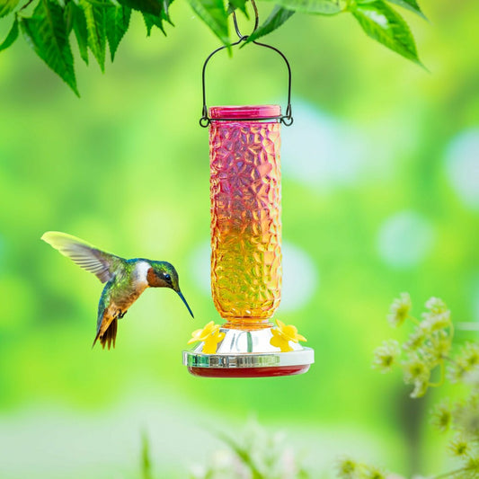 Plow & Hearth Cottage Garden Bird Feeder, Textured Iridescent Glass Hummingbird Feed
