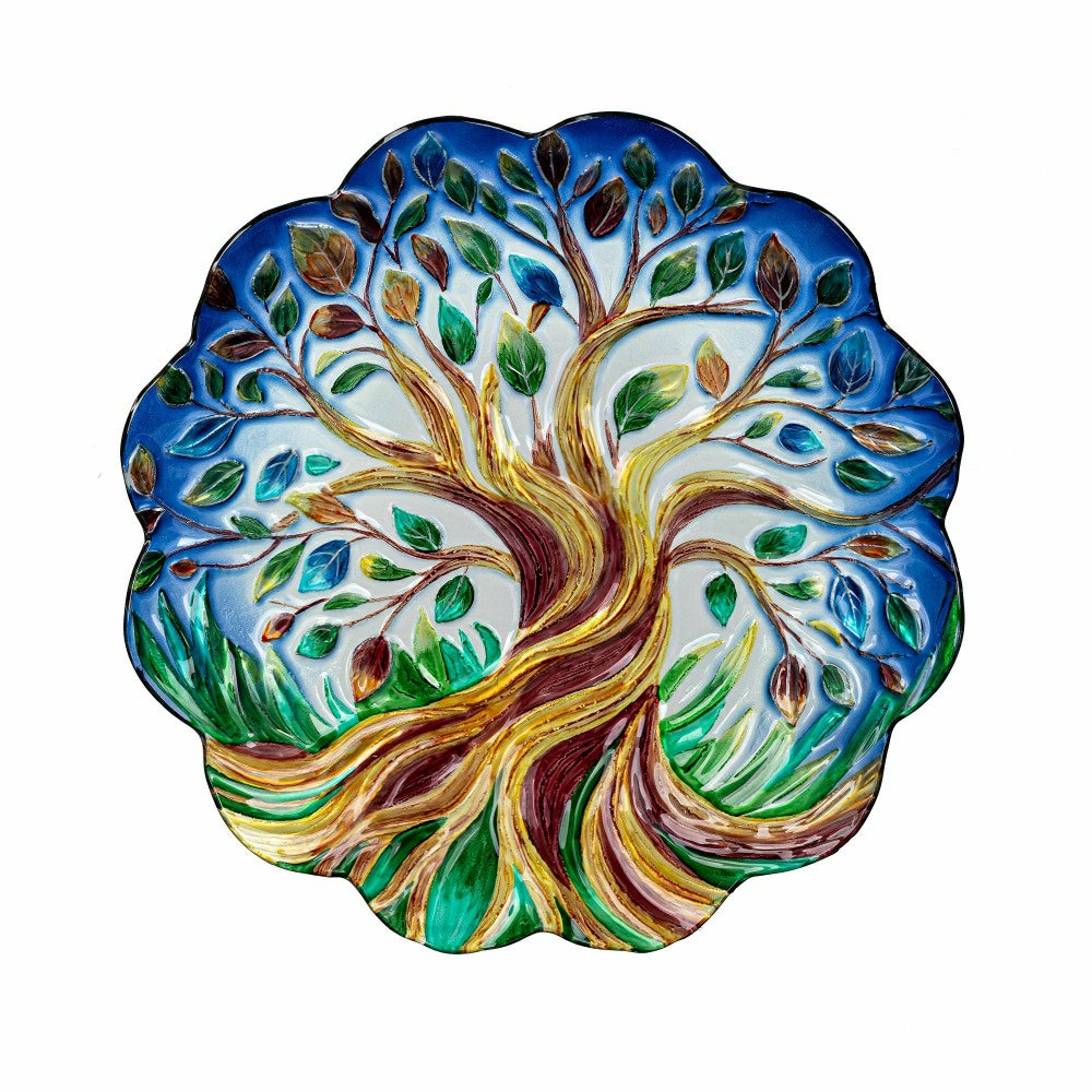 Plow & Hearth Harvest Blossoms Birdbath,Tree of Life Hand Painted Glass Birdbath, 18