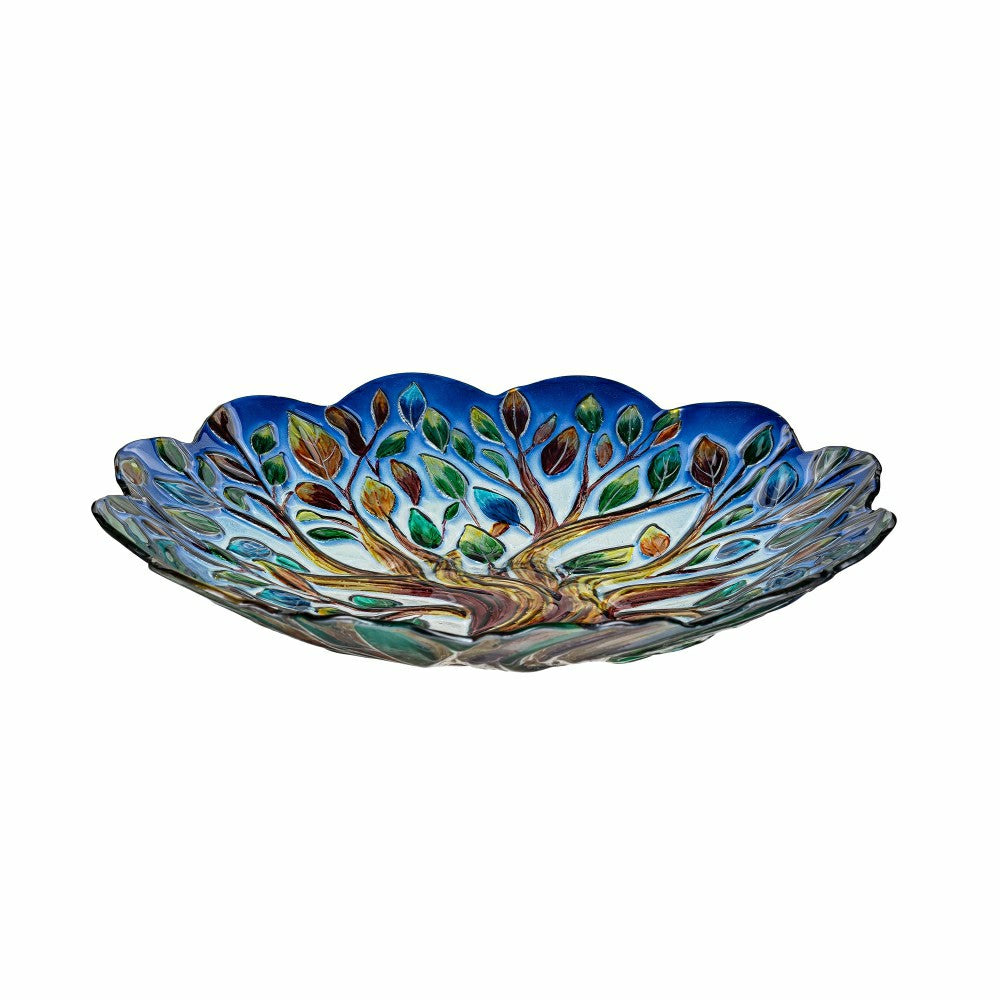 Plow & Hearth Harvest Blossoms Birdbath,Tree of Life Hand Painted Glass Birdbath, 18