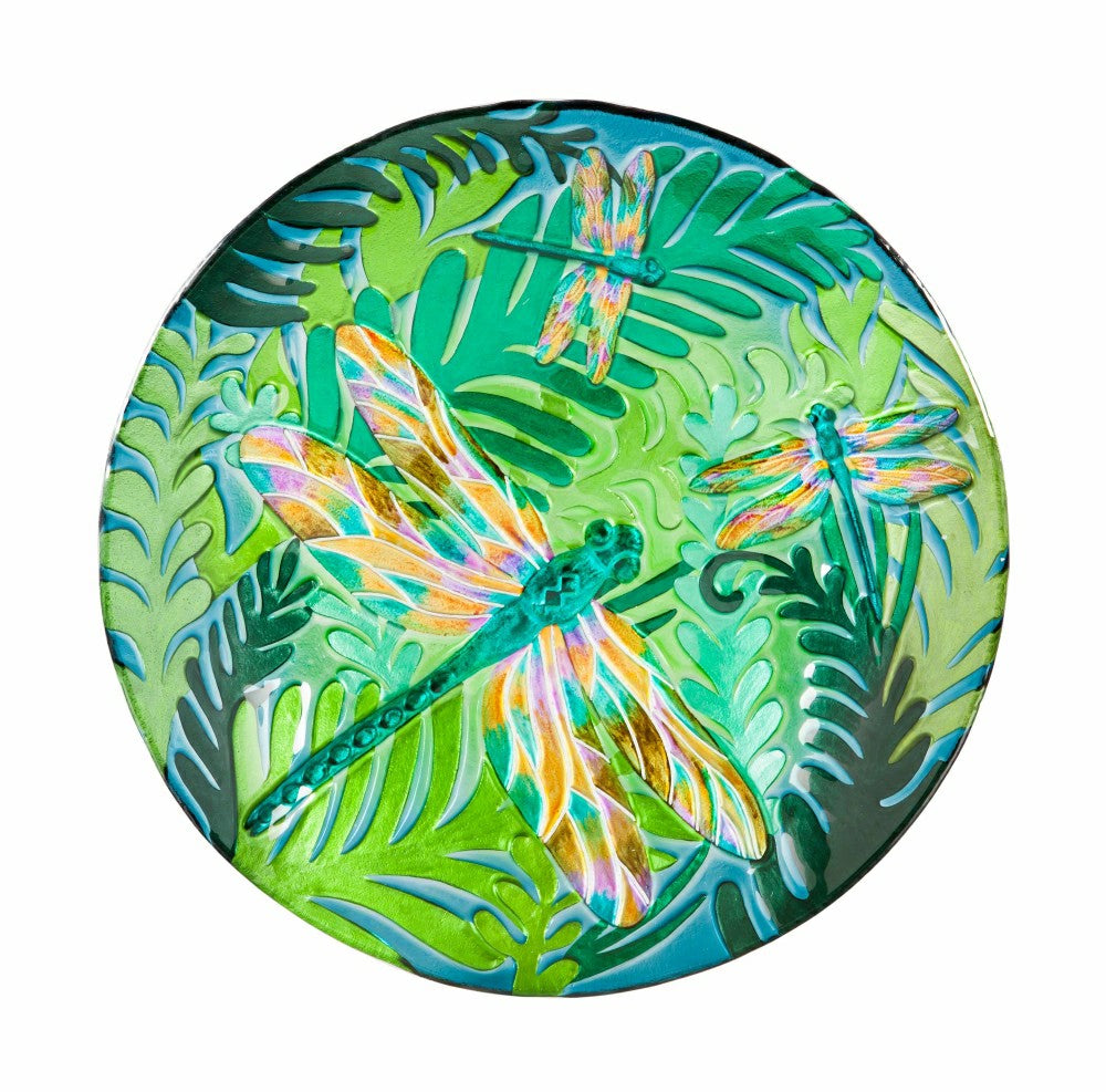 Plow & Hearth 18" Glass Bird Bath, Iridescent Dragonfly