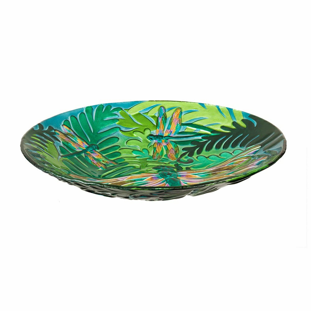 Plow & Hearth 18" Glass Bird Bath, Iridescent Dragonfly