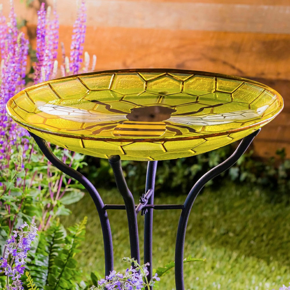 Plow & Hearth Happy Honey Bee Glass Birdbath Basin