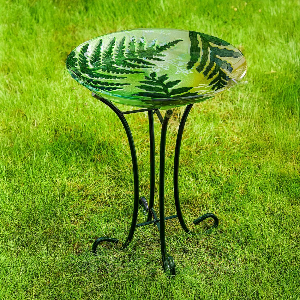 Plow & Hearth Hand-Painted and Embossed Botanical Glass Birdbath Basin