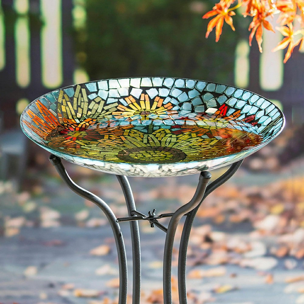 Plow & Hearth 18" Glass Bird Bath, Moasic Translucent and Metallic Finish