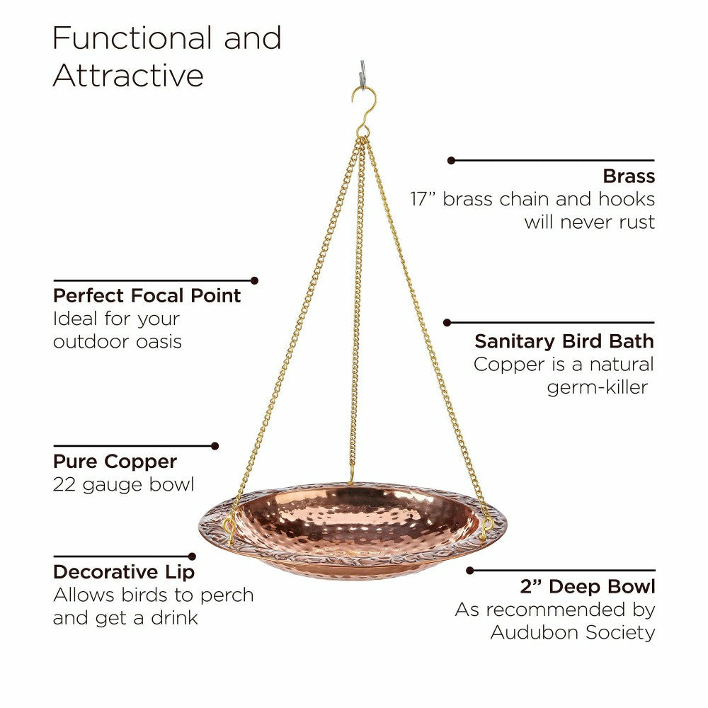 Plow & Hearth Pure Copper Hanging Birdbath on 17" Long Brass Chain with Hook