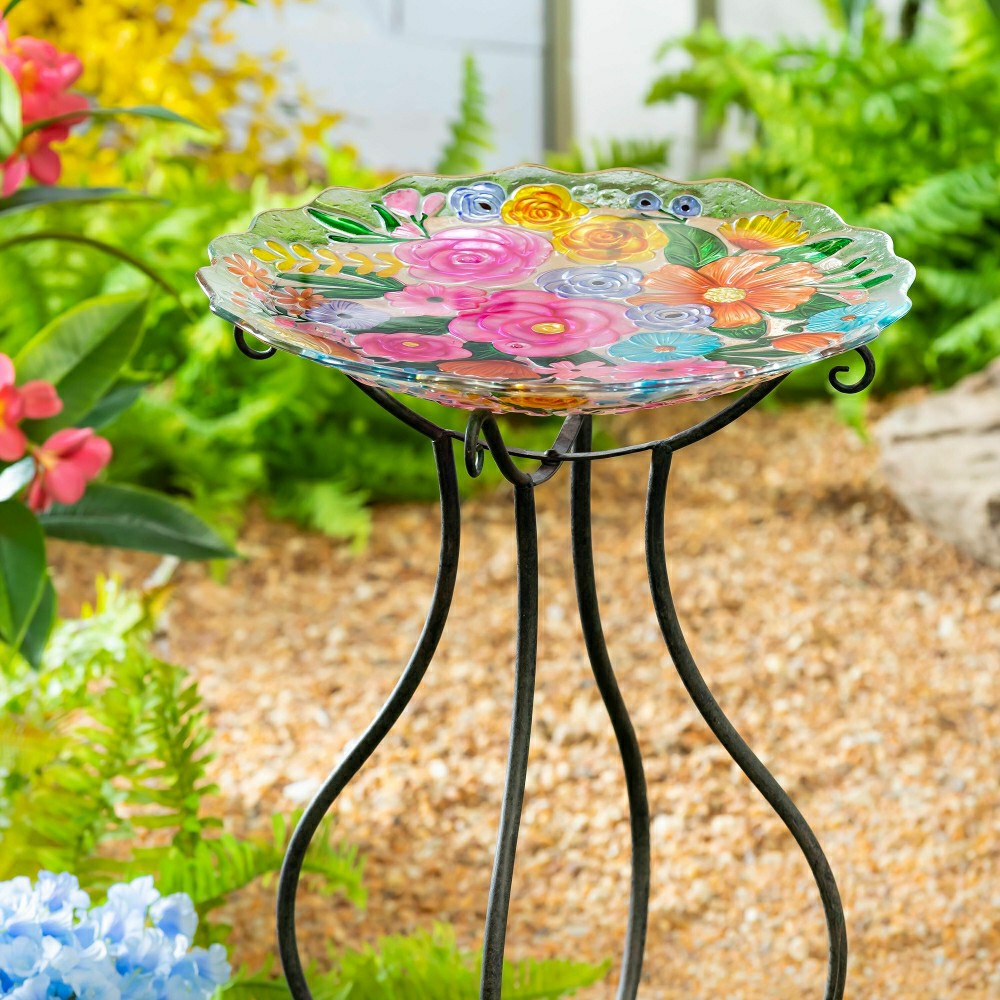 Plow & Hearth What She Shed Birdbath, Glass Bundle of Flowers, 18"